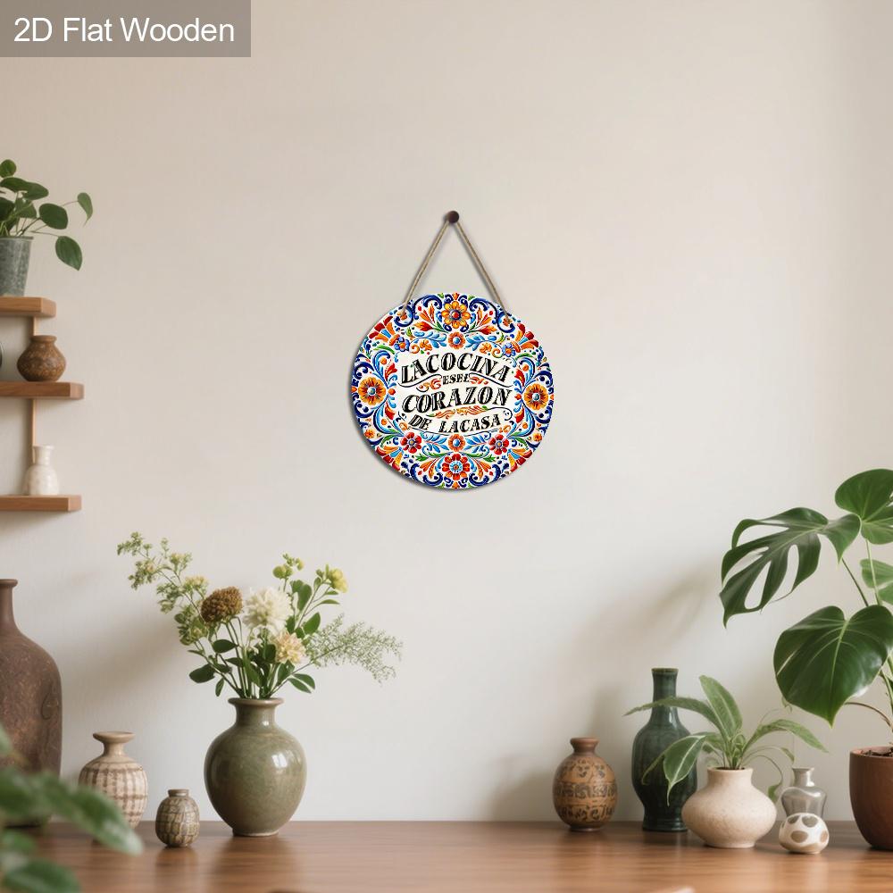 2D Flat Gorgeous Lacocina Round Wooden Sign, Charming Decorative Plaque with Flowers Pattern Design, Ideal for Outdoor, Lawn, Home Decor