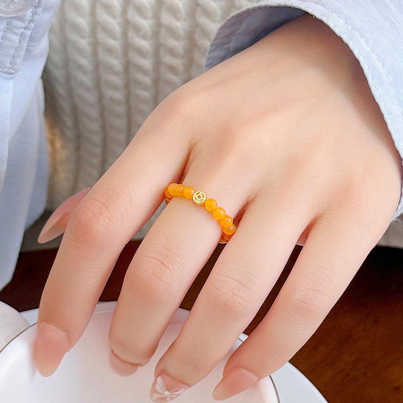 Banyan Tree S925 Silver Gold-Plated Zodiac Topaz Beaded Ring - Fortune-Attracting Chinese Style Elastic Rope Women's Ring