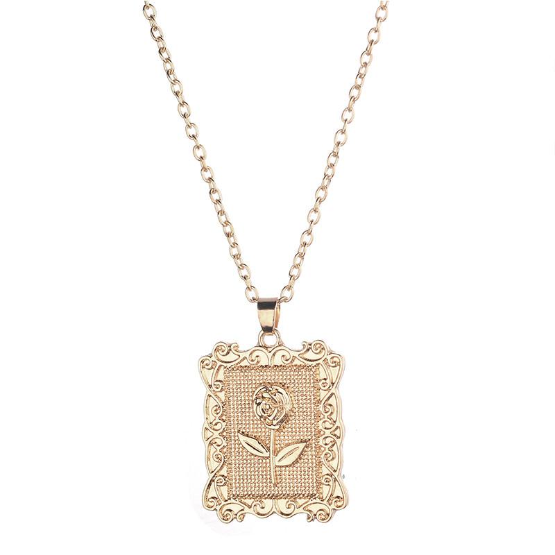 Позолоченная Геометрическая Квадратная Подвеска с Розой, Цепочка на Ключицы, Свитер, Элегантные Украшения для Женщин