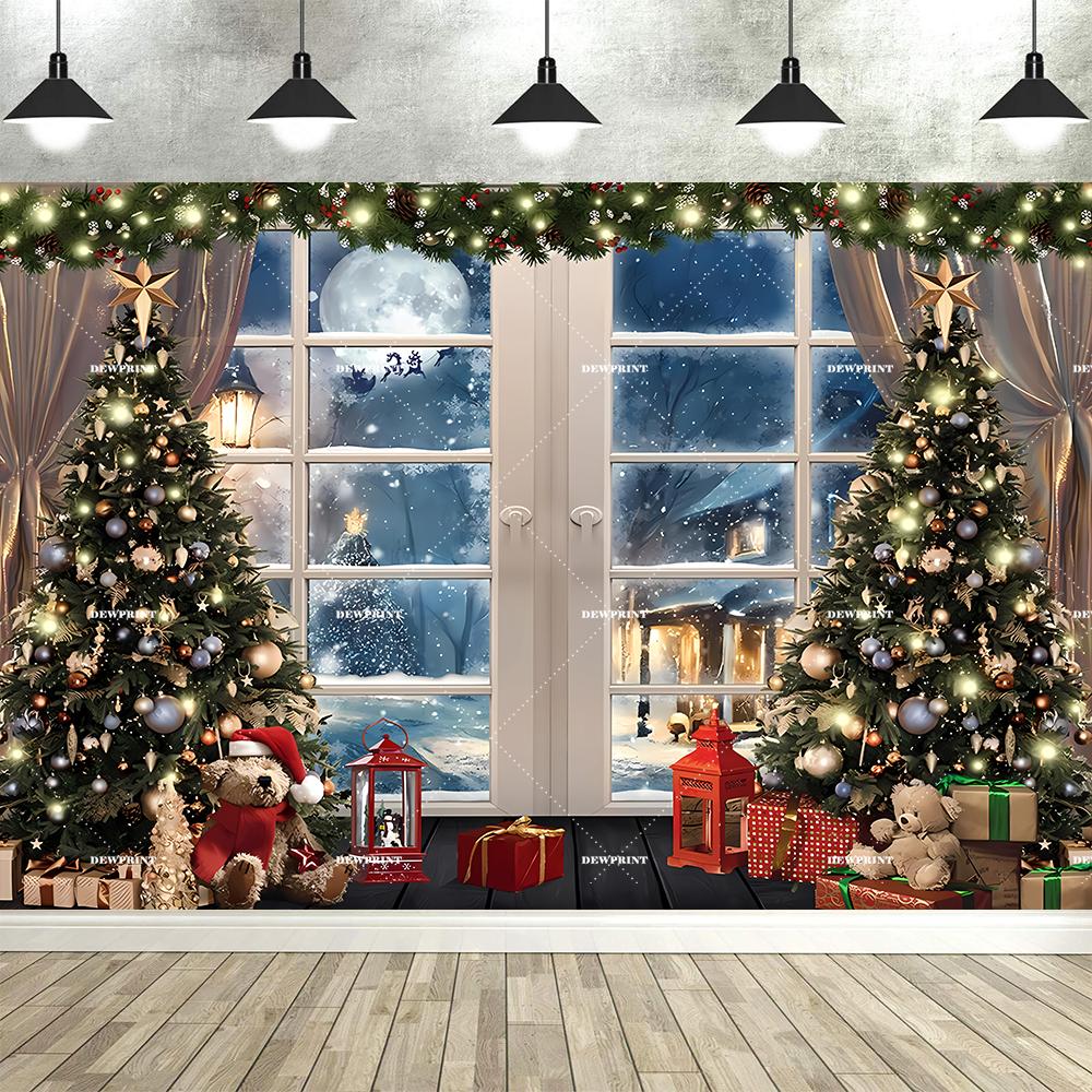 Dewprint Christmas Background with Christmas Trees and Gifts Fireplace Christmas Snowy Night Party Decorations Photography Props421