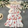 Женское летнее весеннее платье с открытыми плечами и короткими рукавами до талии с цветочным принтом и высокой талией длиной до щиколотки