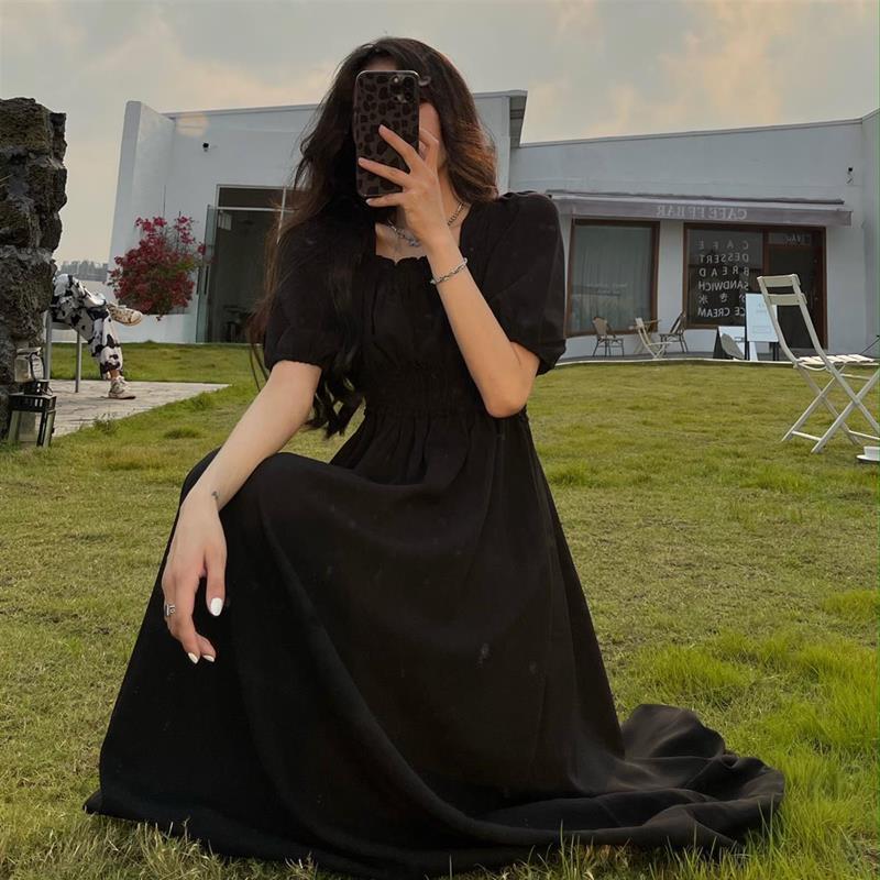 Летние платья Ретро французские платья длиной до колена, с квадратным вырезом и рукавами-пузырьками, с квадратным вырезом и талией