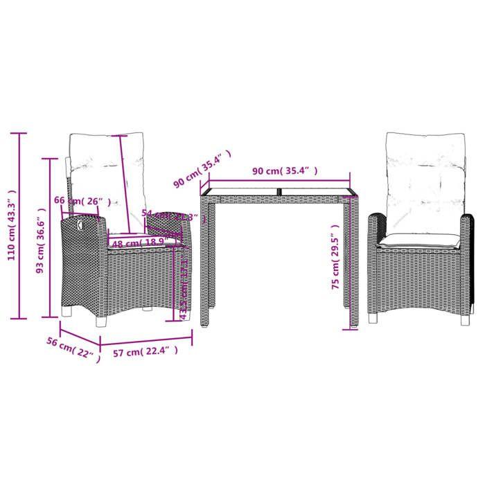 VidaXL Ensemble à Manger de Jardin avec Coussins 3 pcs, Table et Chaises avec Dossier Réglable, Meubles d'Extérieur, 3212662