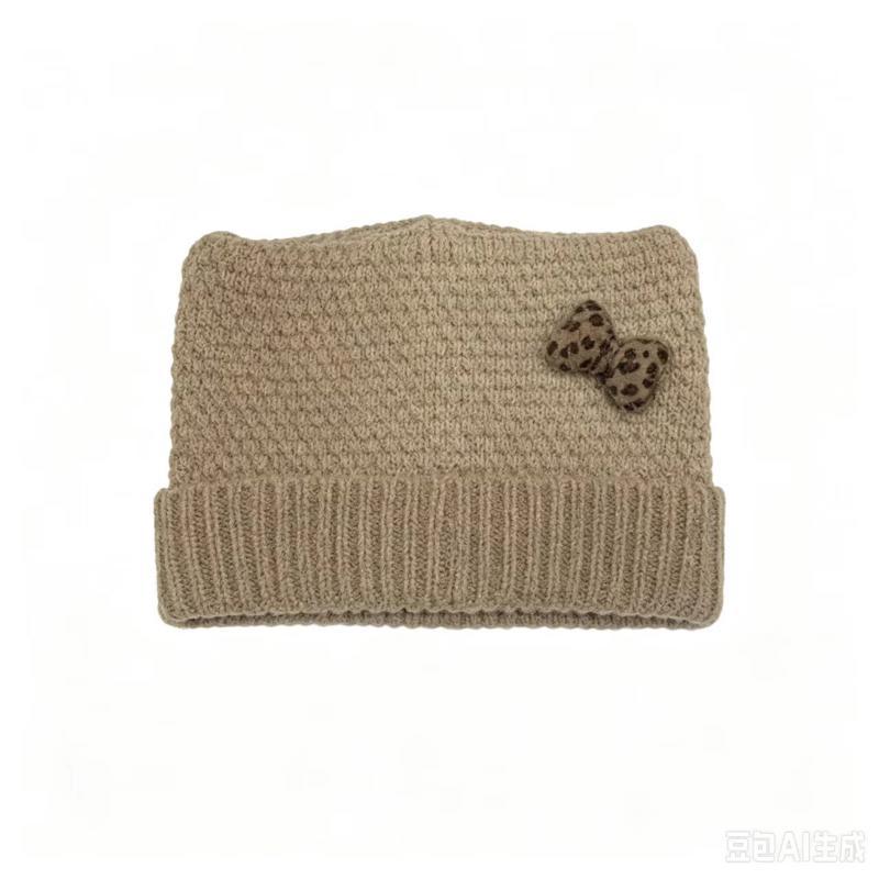 Autumn and winter leopard print bow cold hat women's waffle flanged wool hat retro sweet warm knitted hat