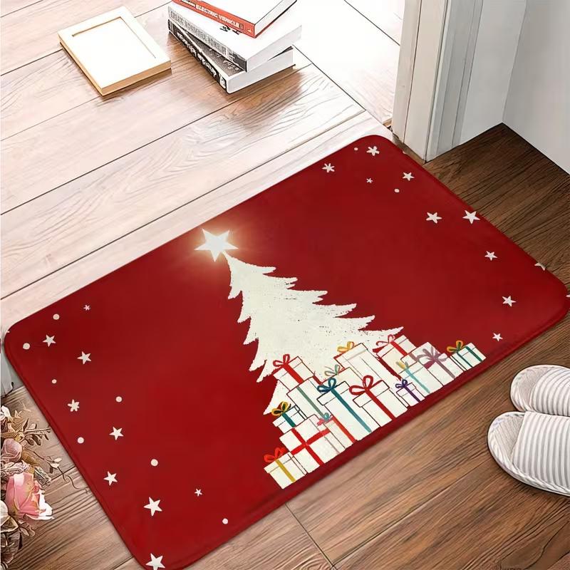 Christmas Doormat Soft Floor Rug Red Background White Xmas Tree Gift Box Star Pattern Entrance Kitchen Holiday Decor Carpet