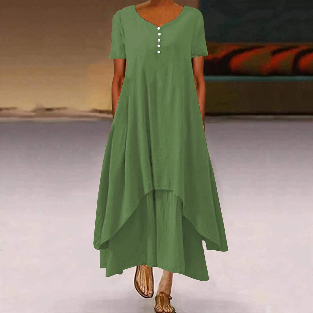 Женская мода Boho сплошной цвет с коротким рукавом свободное повседневное нерегулярное платье