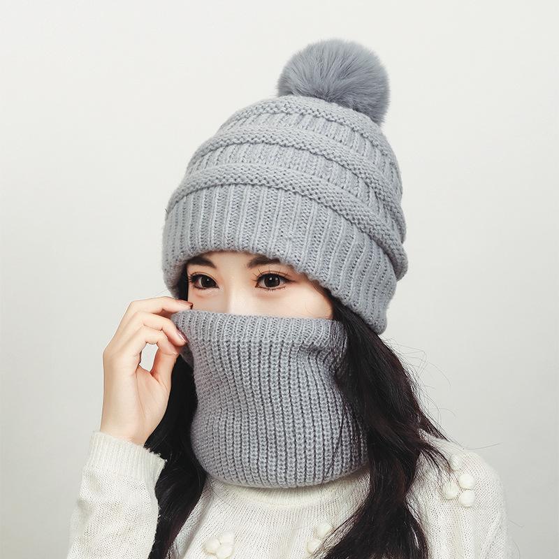 Winter Women's Scarf Knitted Hat Velvet Warm Ball Wool Hat Windproof Neck Protection Hat Scarf Two-Piece Set