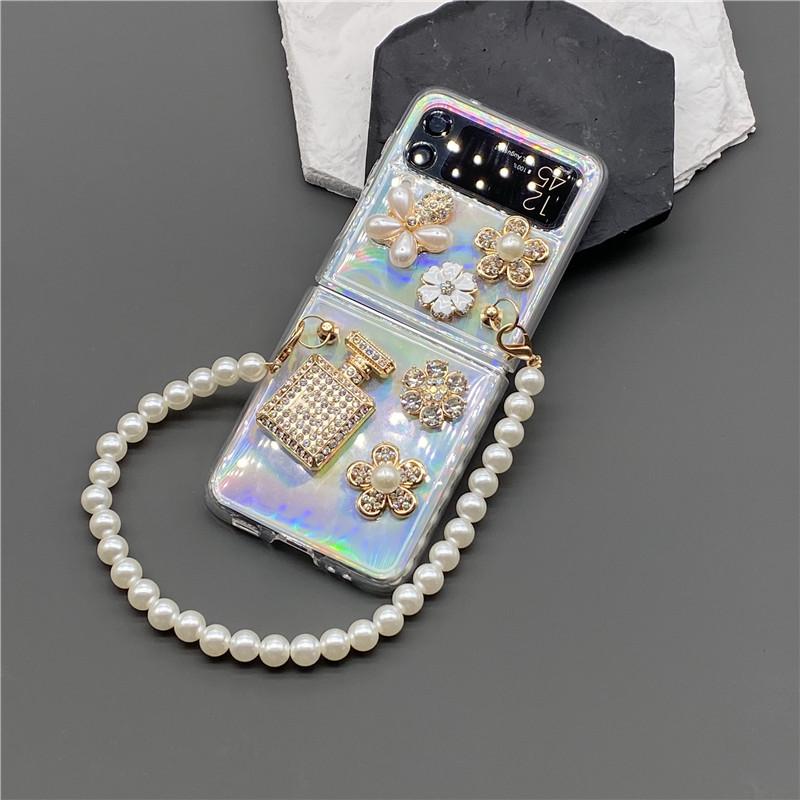 For Samsung Galaxy Zflip 3 5g Zflip 4g 5g Zflip 4 Fashion Diamond Flower Perfume Bottle Pearl Hand Chain Flash Laser Card Case