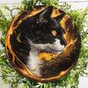 Black and White Cat with Yellow Eyes, Round Wooden Wall Sign, Durable, Protected, Outdoor and Indoor Decor, 8x8 In, 1PC