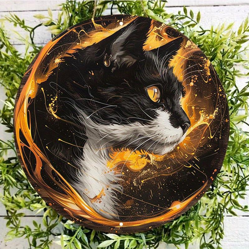 Black and White Cat with Yellow Eyes, Round Wooden Wall Sign, Durable, Protected, Outdoor and Indoor Decor, 8x8 In, 1PC