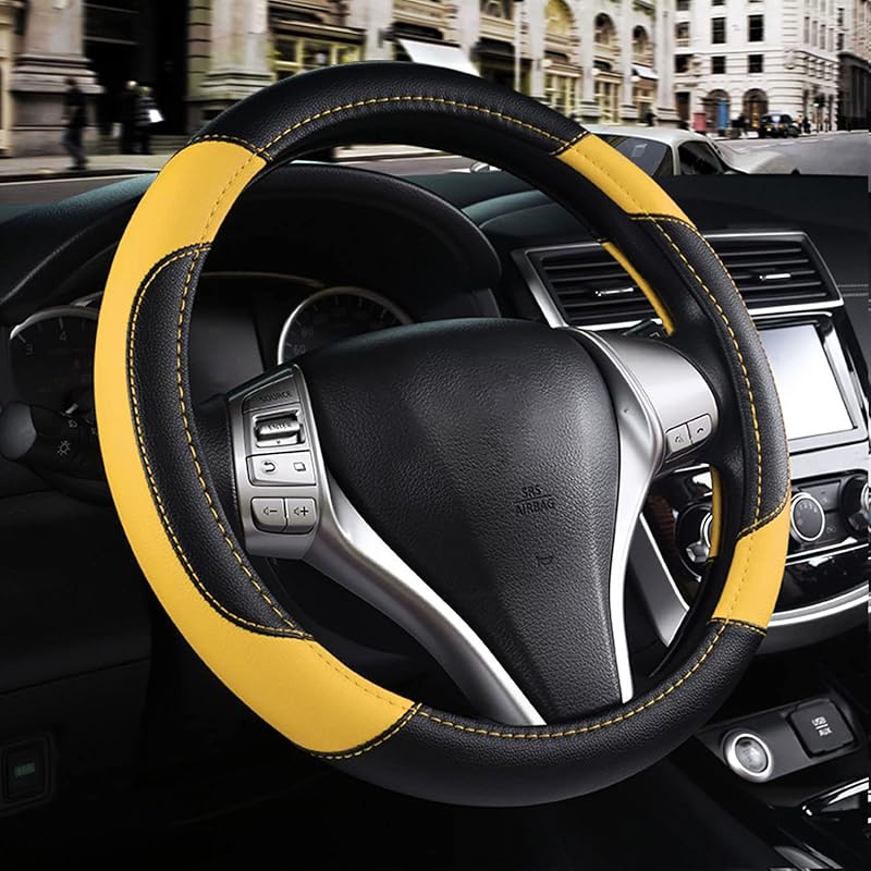 Leather Car Steering Wheel Cover, Non-Slip Car Wheel Cover Protector Breathable Microfiber Leather Universal Fit For Most Cars(Beige)