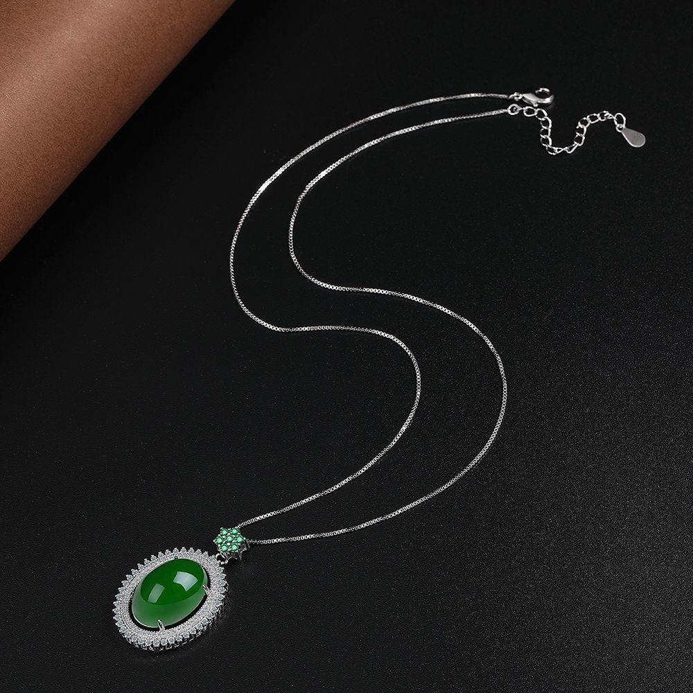925 Sterling Silver Temperament Retro Round Green Full Diamond Zircon Necklace Wedding Anniversary Anniversary Party Gift