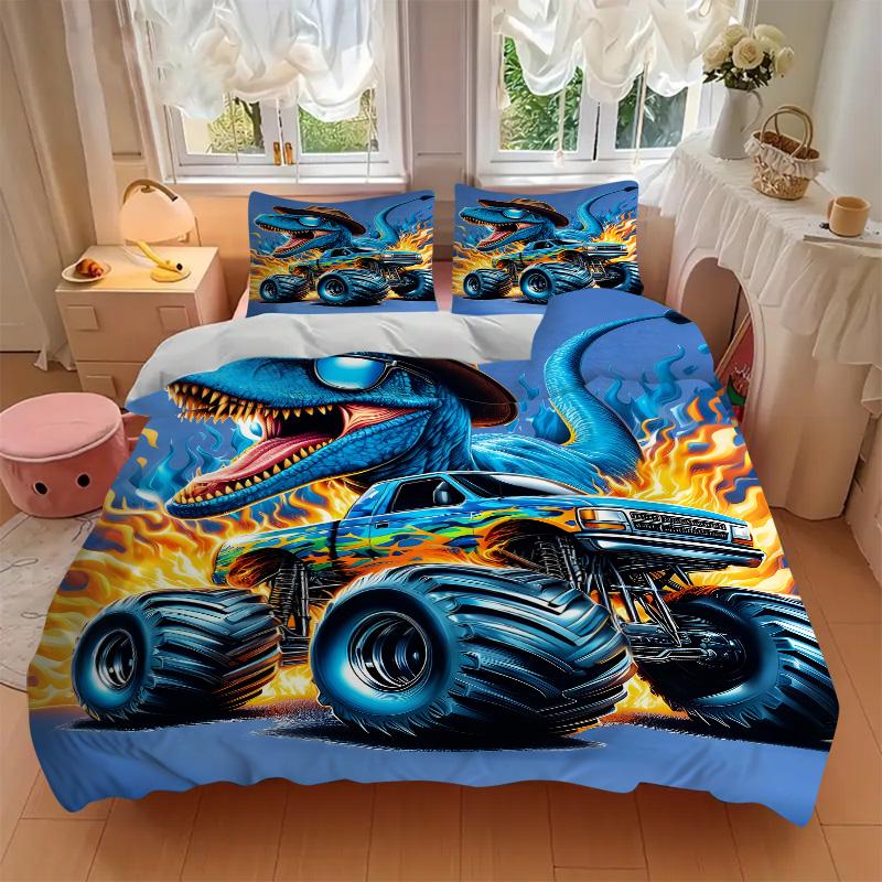Dinosaur Monster Truck Flames Print 3Pcs Bedding Setduvet Cover With 2 Bedropillowcase Home Birthday Gift