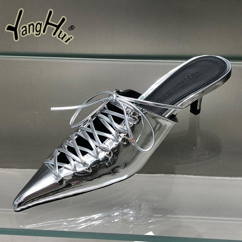 PU Europe and America Style Sexy Fine High-heeled Shoes Women's Slippers 2024 New Fashion Solid Color Hollow Out Sandals Summer