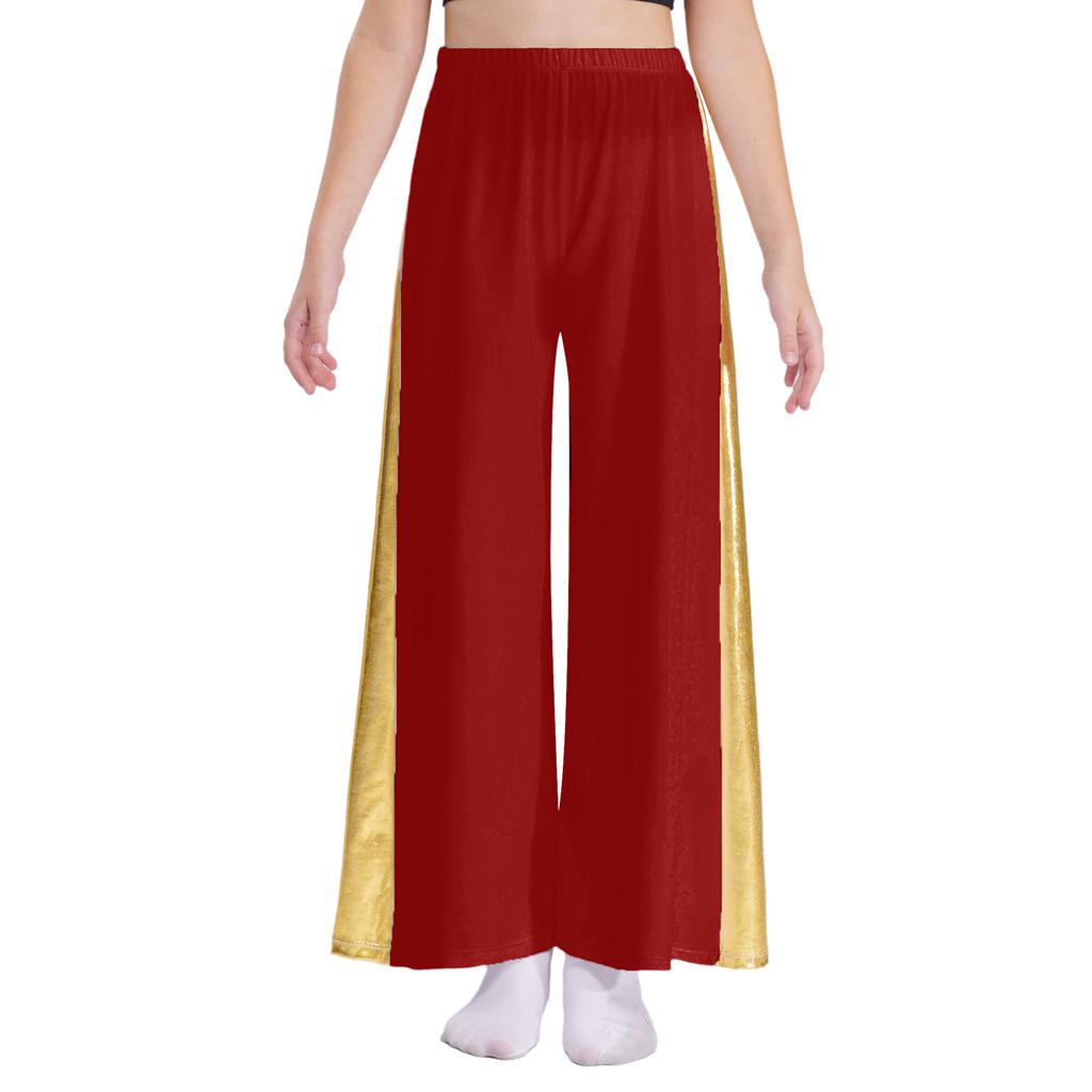 Girls Liturgical Dance Pants Metallic Patchwork High Waist Elastic Band Wide Leg Loose Trousers
