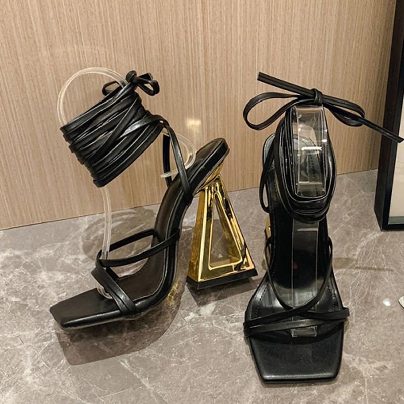 Мода Liyke Новый Стиль Шик Треугольный Толстый Каблук Гладиаторские Сандалии Женские Летние Сексуальные Уличные Квадратный Носок Перекрестная Шнуровка Платье Вечеринка Золотая Обувь