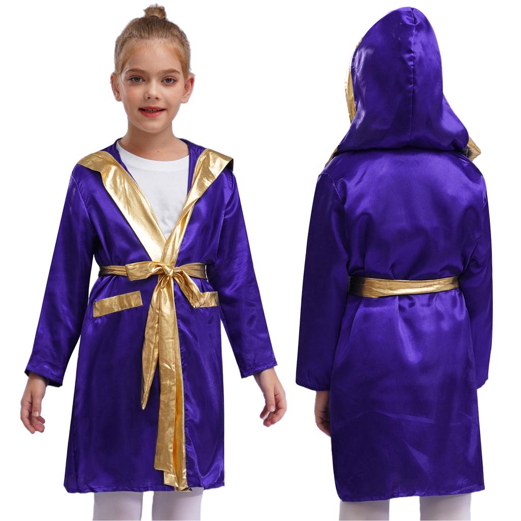 Kids Boys Boxing Robe Thai Kickboxing Costume Long Sleeve Open Front Hoodie Cloak with Belt Workout Sports Fitness Joggers