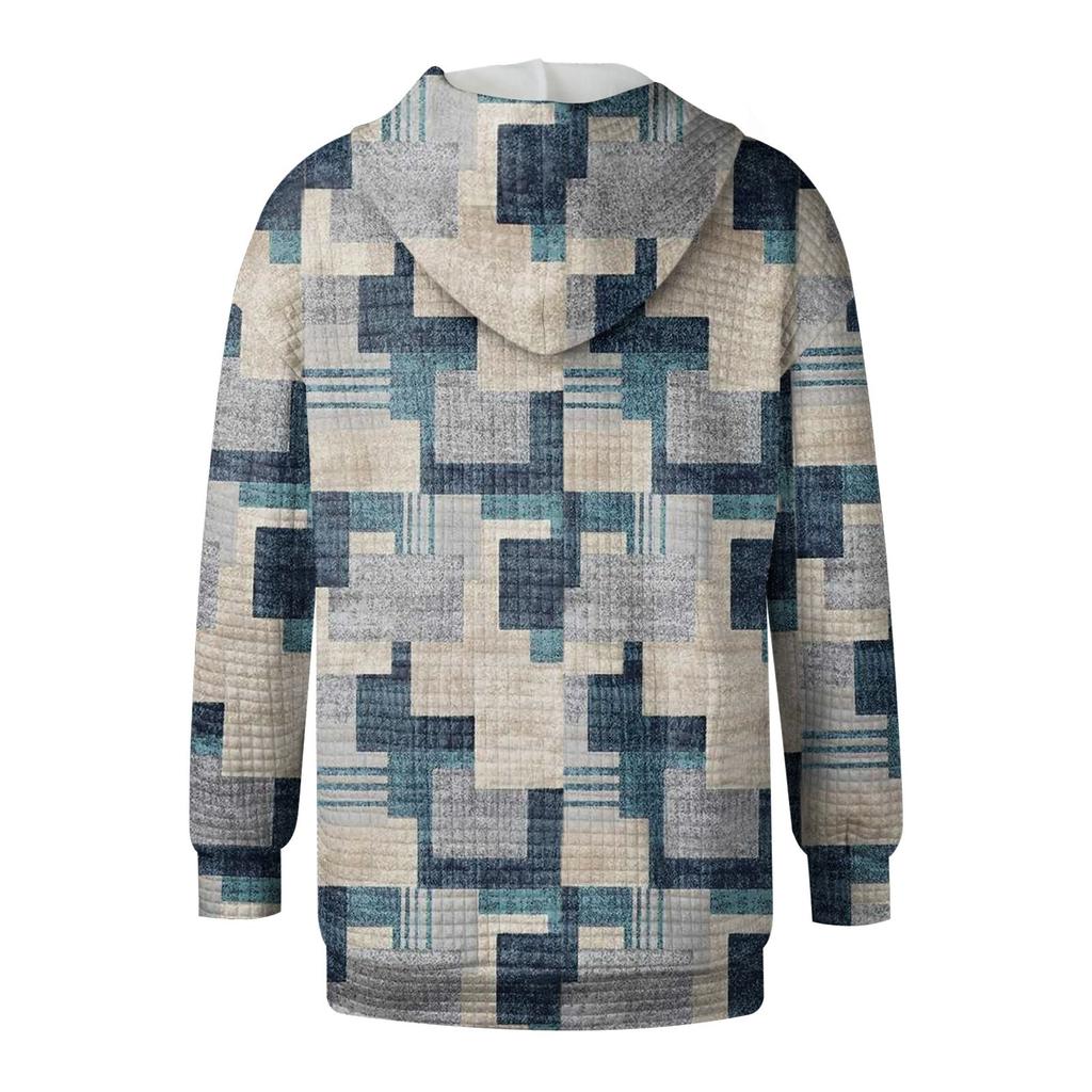 Women's Fashion Irregular Geometric Print Long Sleeve Pocket Loose Zipper Hooded Hoodie Jacket