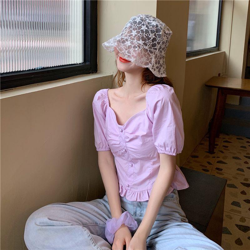 WTEMPO Брендовые летние милые дизайнерские нишевые французские винтажные рубашки с квадратным воротником и короткими рукавами-пузырьками, обнажающие ключицу, тонкие и тонкие топы