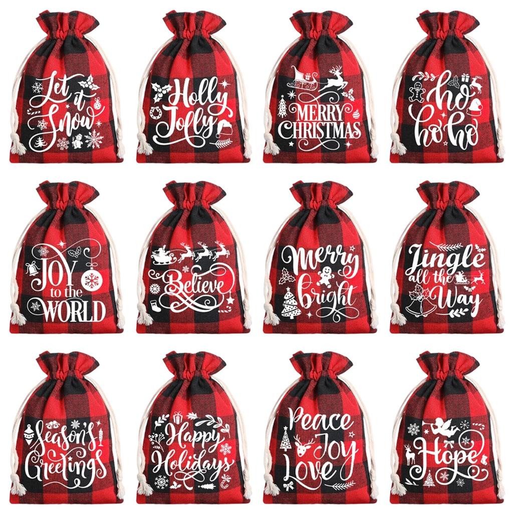 12 шт. Подарочные пакеты для вечеринки, Льняные упаковочные мешки, Рождественские подарочные мешочки