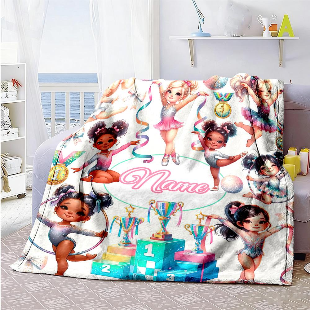 Gymnastics Girl Personalized Name Blanket Multi-purpose Customizable Blanket Comfortable Throw For Picnics Bedding Sofa Office Ideal for All Seasons