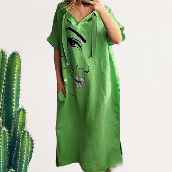 Женское платье с принтом лица, свободное платье с капюшоном и шнурком в богемном стиле с короткими рукавами, городской стиль, пуловер с разрезом по краю и боковым карманом, платье миди длиной до середины икры
