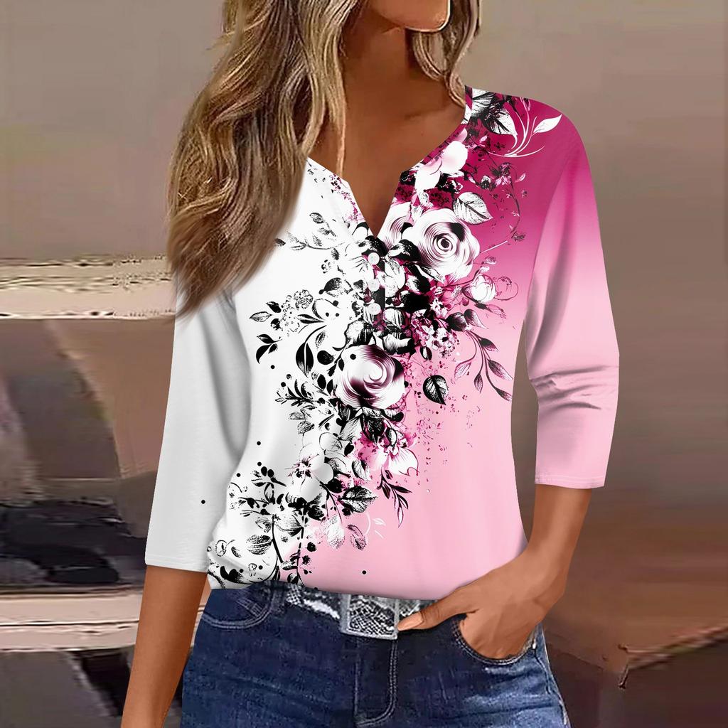 Жен. Футболка С принтом Пуговицы Рукав 3/4 Повседневные Выходные Мода Классический Классический V-образный вырез Обычный Верх