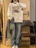 Trendy Retro Cartoon Bear Hoodie: Women's Loose Fit, Round Neck, Plus Velvet, Korean & Hong Kong Style, White & Gray, for Spring & Autumn