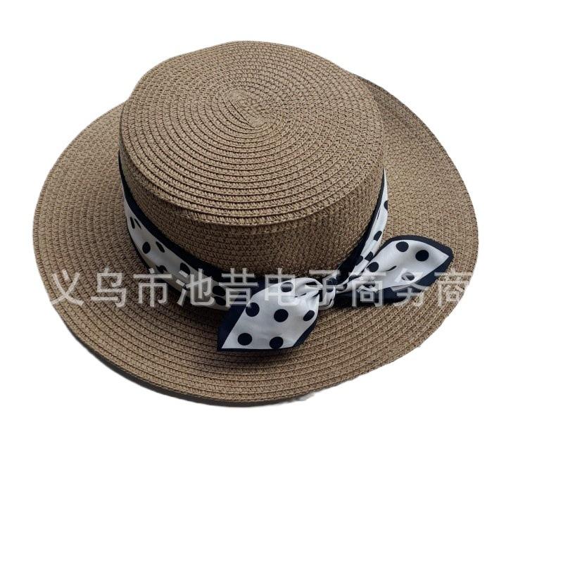 Flat top straw hat women's summer fashion polka dot wide edge top hat versatile sun hat beach sun hat