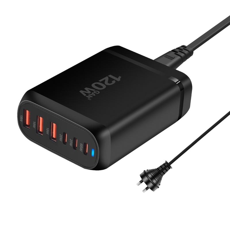 Многопортовая зарядная станция 3xUSB+3xType C с выходной мощностью 120 Вт для общественных мест и путешествий