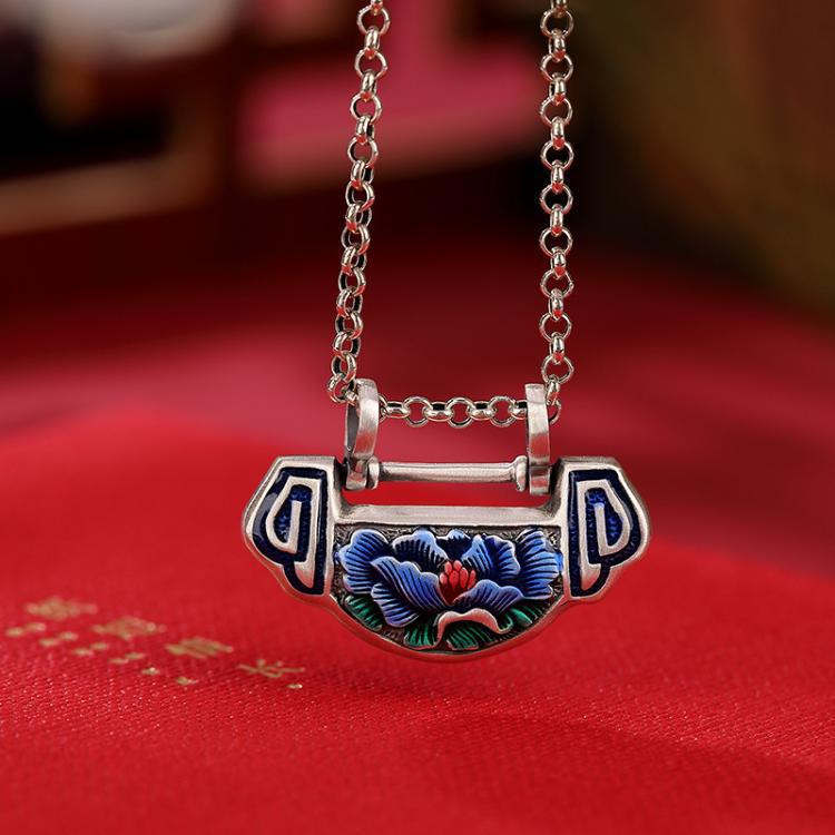 S990 Sterling Silver Cloisonné Lotus Ruyi Lock Flower Pendant Necklace - Ethnic Style Exquisite Design