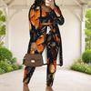 Women Plus Size Butterfly Printed Three Piece Set Long Sleeve Open Front Cardigan Crop Top Long Pants
