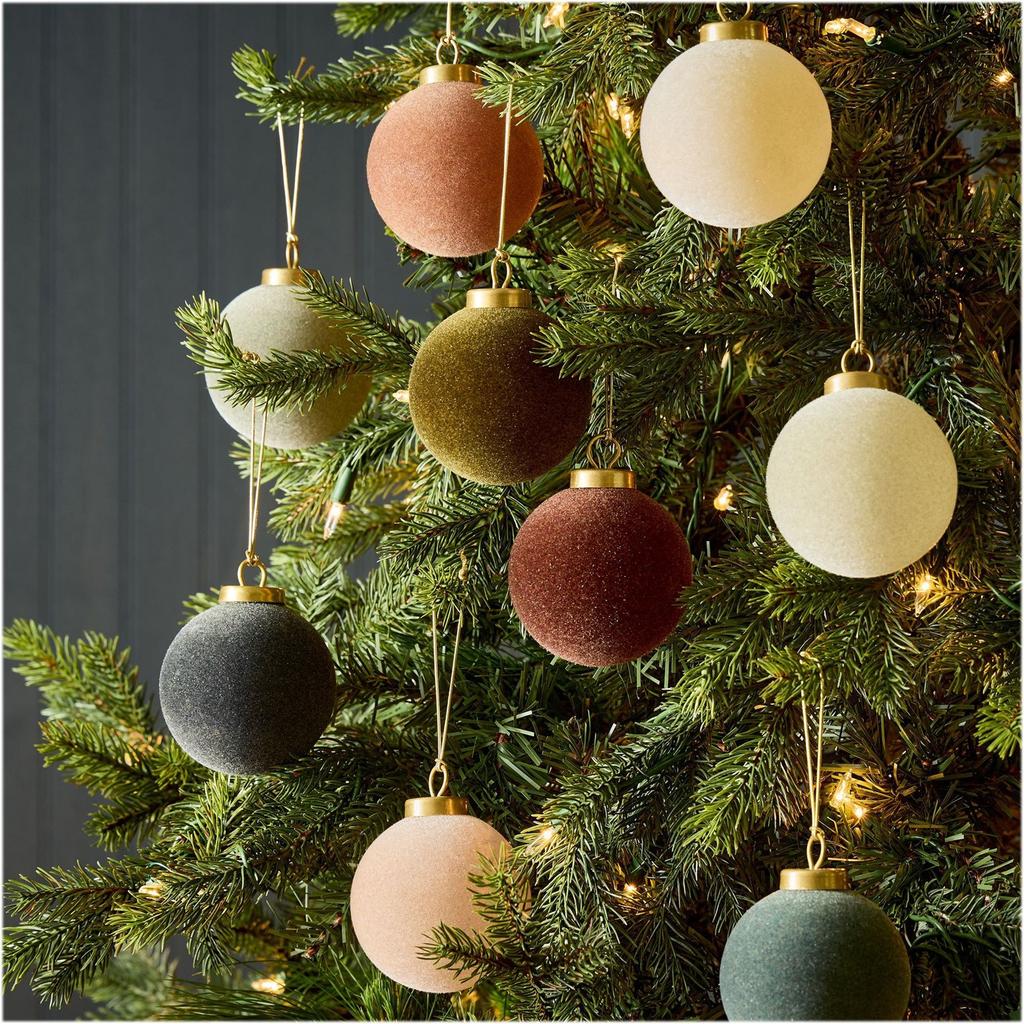 Christmas Flocked Ornaments 8cm 9Pcs Muted Color Cloth Wrapped Balls Christmas Tree Hanging Decor Mall Holiday Festive Decor