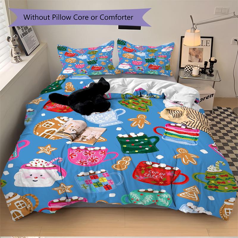 3Pcs Christmas Hot Cocoa Bedding Set Quilt Cover Pillowcase Home Christmas Halloween Gift 1 Duvet Cover 2 Pillowcase S154