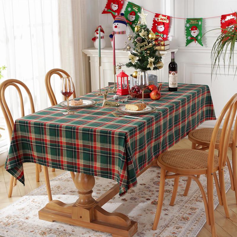 American Yarn-Dyed Holiday Christmas Tablecloth - Red and Green Plaid Cotton Polyester for Coffee and Dining Tables.