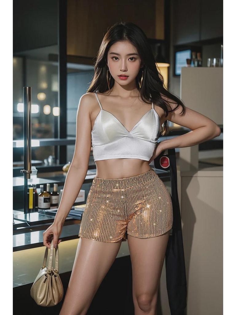 Новые женские шорты с высокой талией, расшитые пайетками — европейский и американский стиль с высокой эластичностью для стильного повседневного образа и выступлений в баре