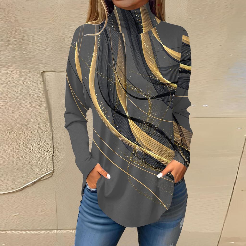 Женская модная повседневная футболка с длинным рукавом с высоким воротом и принтом, пуловер, топ