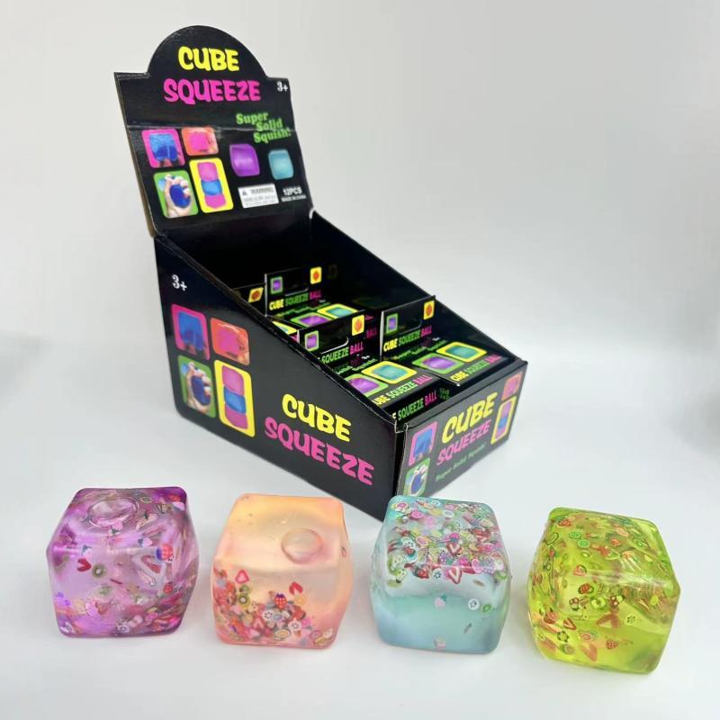 Transparent Glitter Cube Squeeze Toy Soft Stretchy Stress Relief Fidget Toy for Kids Autism Sensory Play Use