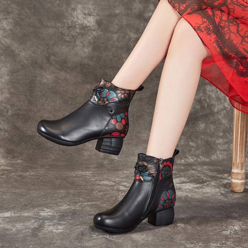 Johnature Зимние теплые короткие сапоги, непромокаемая женская обувь из натуральной кожи в этническом стиле на толстом каблуке и мягкой подошве