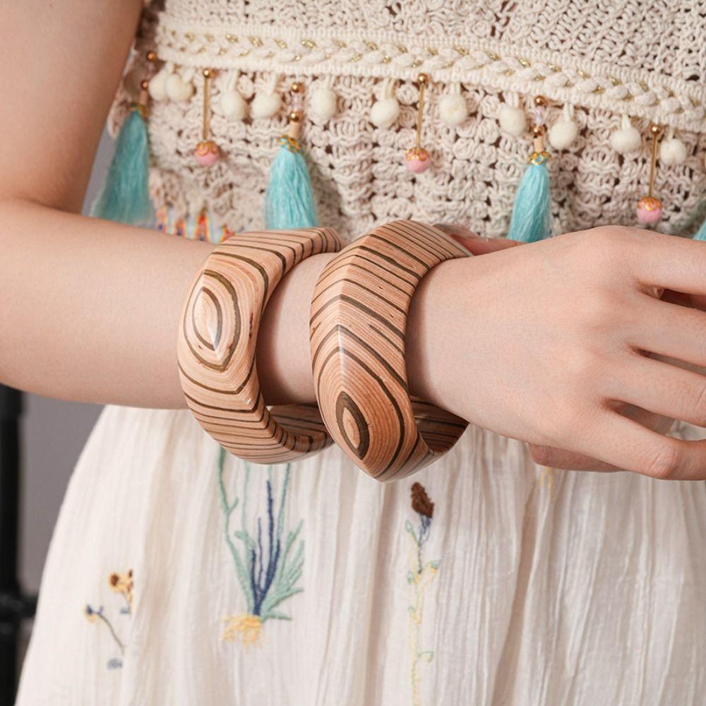 Europe American Style Wood Wide Bangle Minority Design Retro Hand Ring Women