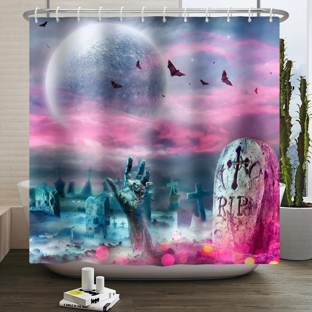 Хэллоуин Занавеска для душа Ужас Лунная ночь Тыква Череп Скелет Страшный Замок Ведьма Призрак Кладбище Водонепроницаемые Занавески для ванной
