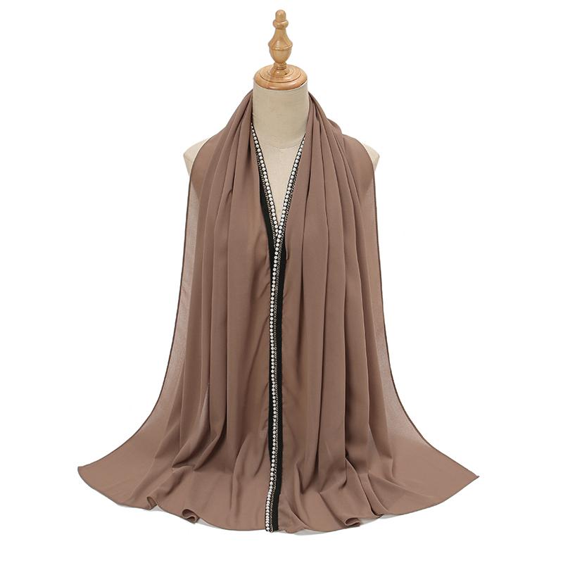 Новый Рамадан Шифоновый Хиджаб Шарф с Жемчужными Бусинами Мусульманский Хиджаб с Цепочкой Однотонные Длинные Шали Головной Платок Обмотки Исламская Повязка на Голову