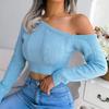 Women's Clothing Autumn and Winter Fashionable Casual Sexy Hollow Out Shoulder Long Sleeved Short Style Exposed Navel Knitted Sweater Wool