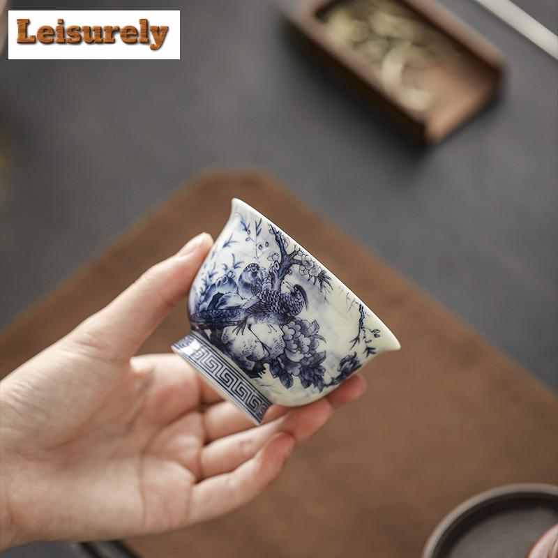 90 мл старинная сине-белая чайная чашка с чернилами, цветами и птицами, чашка для медитации, дегустационная чашка для гостя, персональная чайная чаша, чайный сервиз в стиле кунг-фу