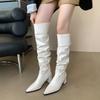 Женские остроносые плиссированные высокие сапоги 2025 осень тонкий каблук змеиный узор сапоги-чулки высокий каблук, но сапоги до колена