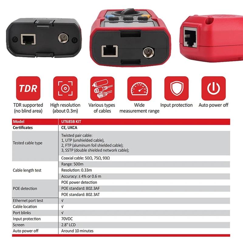 UT685B Комплект TDR Тестер Кабеля Витая Пара Коаксиальный POE Сетевой Кабель Детектор Последовательности Длины Адаптер Штекера RJ11 RJ45 Цифровой Измеритель