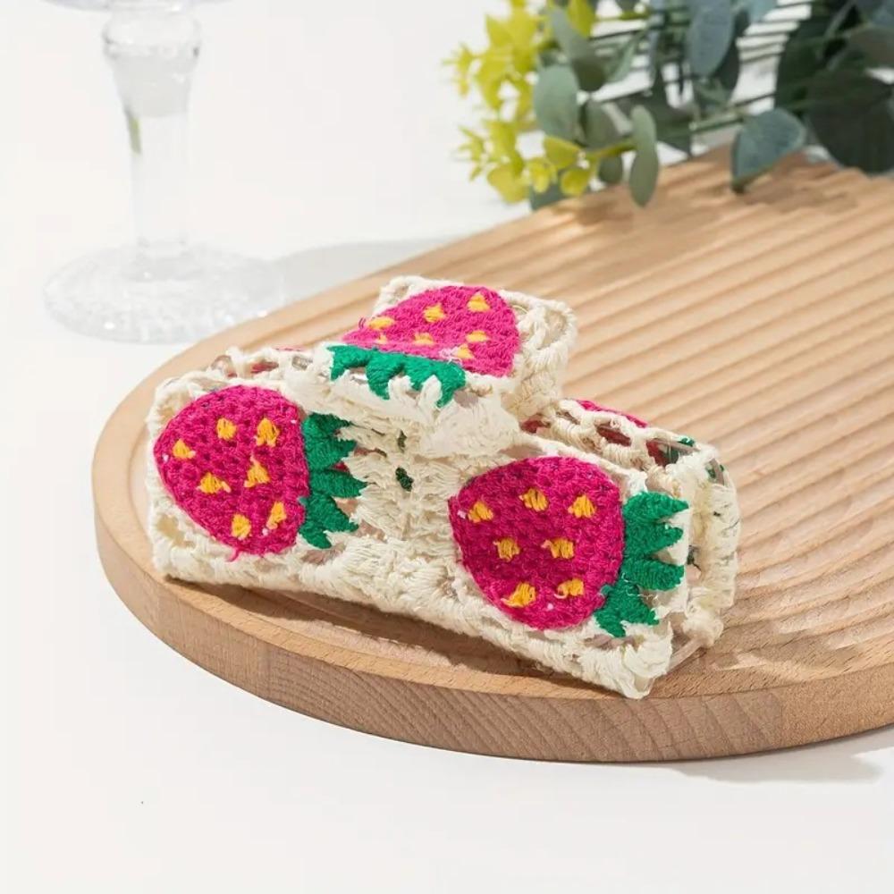 Flower Embroidered Crochet Shark Clip Strawberry Bohemian Style Hair Claw Beach