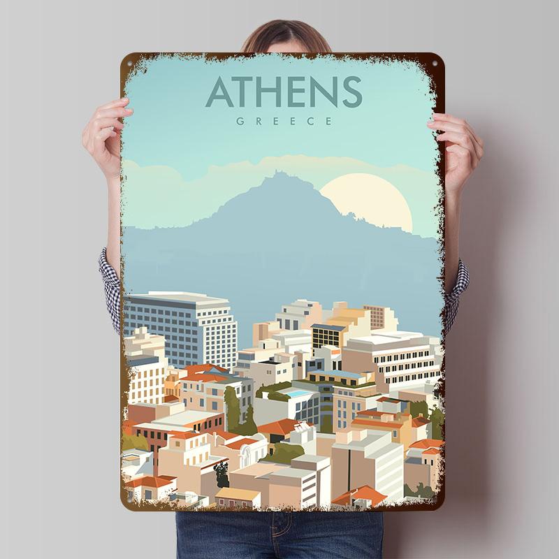 Athens Greece Travel Print Printing Poster Customized Retro Wall Art Vintage Metal Signs for Room Home Decoration Ornaments Cozy