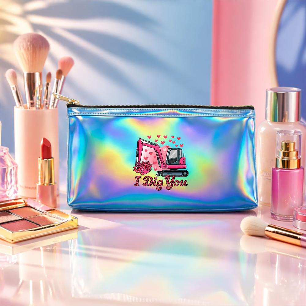 Pink Excavator and Hearts Print Laser Cosmetic Makeup Bag, Shiny Reflective Toiletry Pouch Organizer for Travel Daily Storage Gift for Her