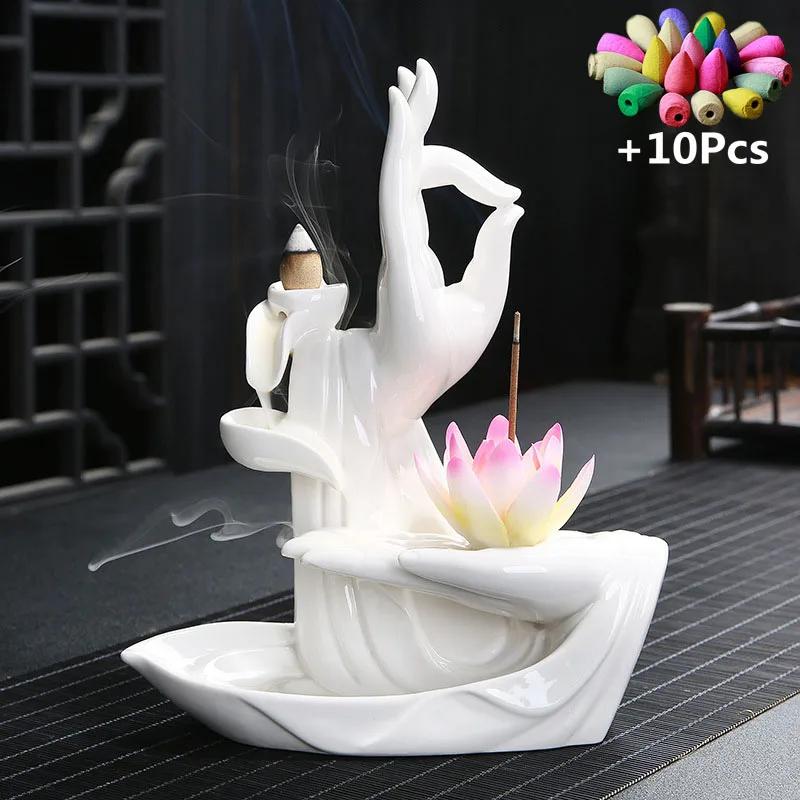 Gift 10Cones Ceramic Incense Censer Buddha Hand Backflow Incense Burner Lotus Incense Stick Holder